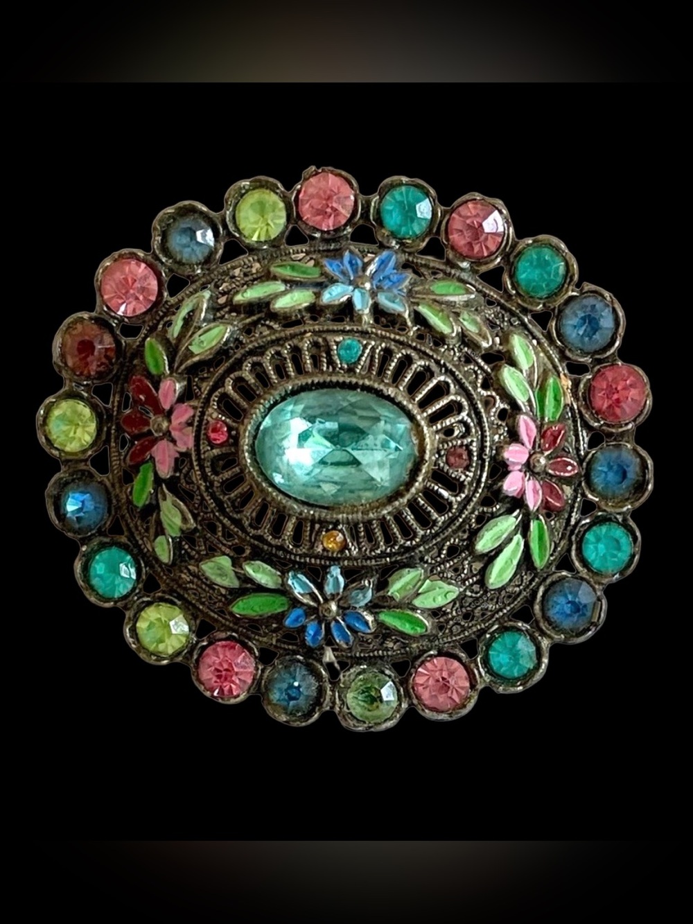Vintage Art Deco Little Nemo Floral Metal Brooch With Multicolored Rhinestones